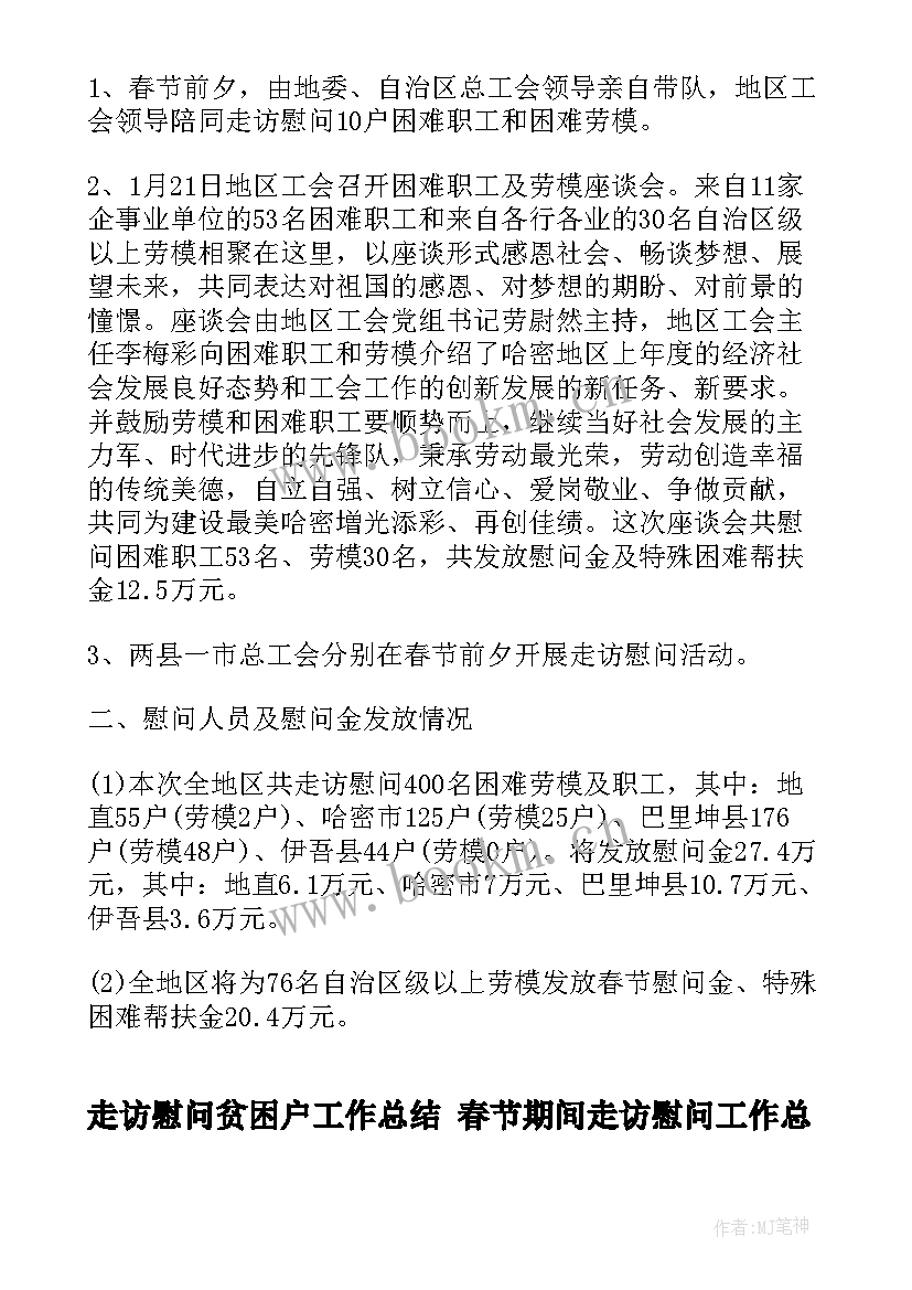 2023年走访慰问贫困户工作总结 春节期间走访慰问工作总结(实用6篇)