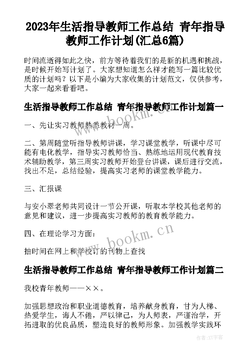 2023年生活指导教师工作总结 青年指导教师工作计划(汇总6篇)