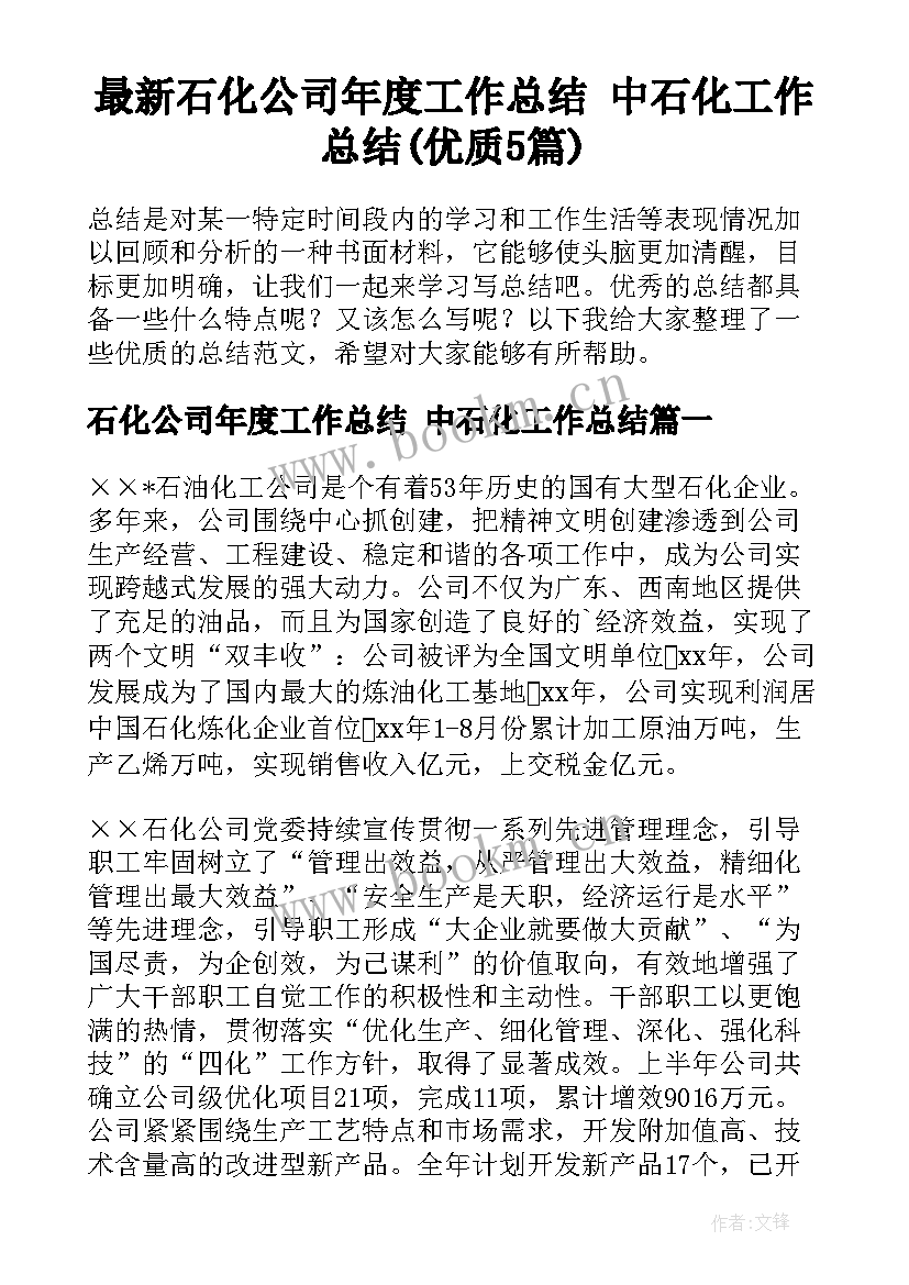 最新石化公司年度工作总结 中石化工作总结(优质5篇)