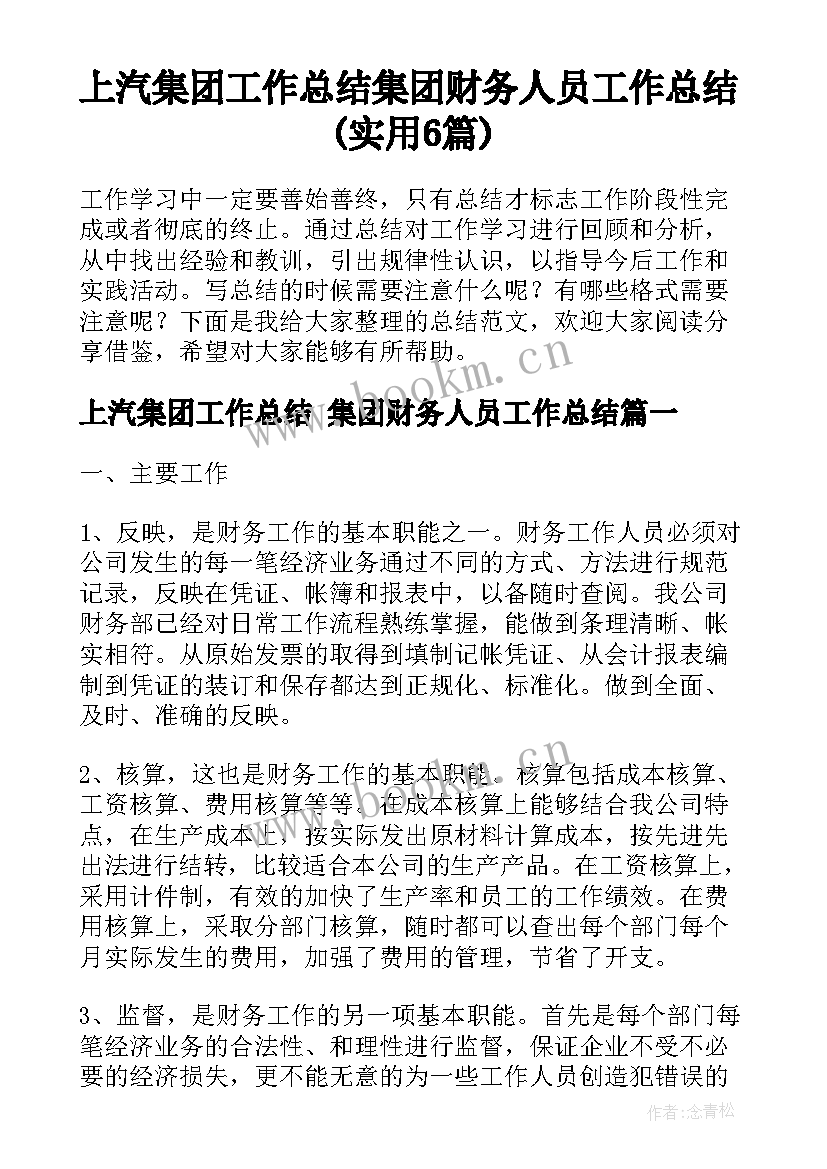 上汽集团工作总结 集团财务人员工作总结(实用6篇)