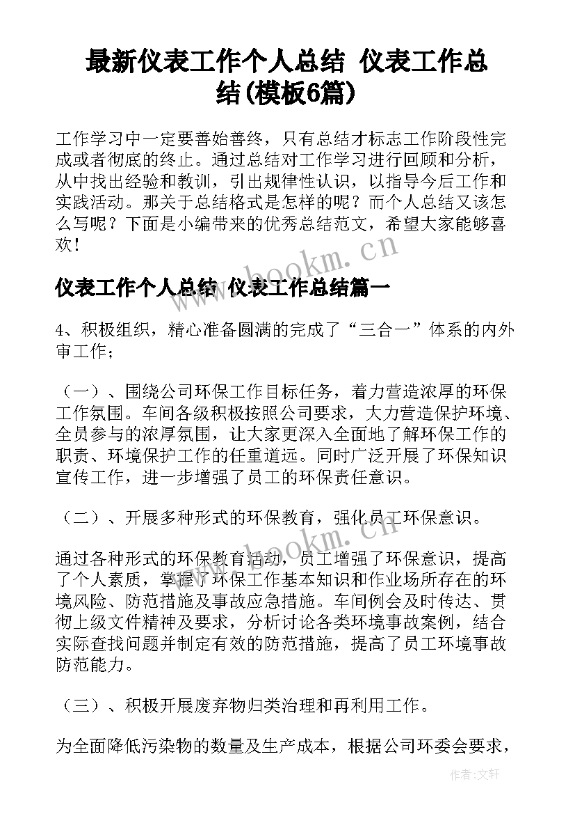 最新仪表工作个人总结 仪表工作总结(模板6篇)