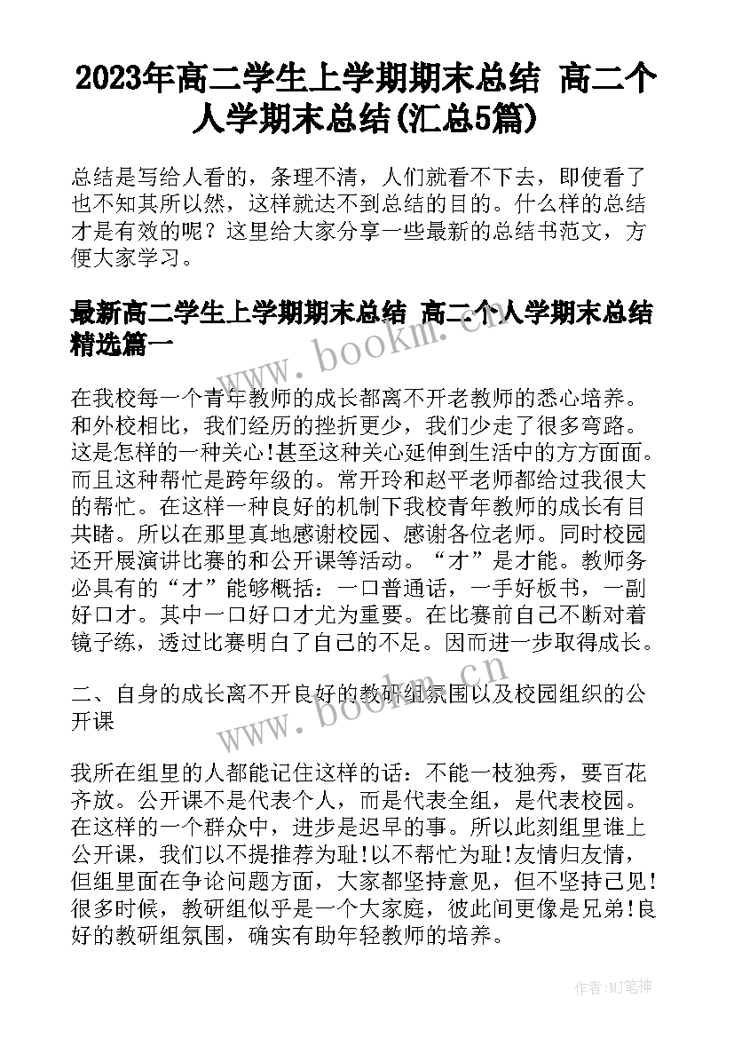 2023年高二学生上学期期末总结 高二个人学期末总结(汇总5篇)