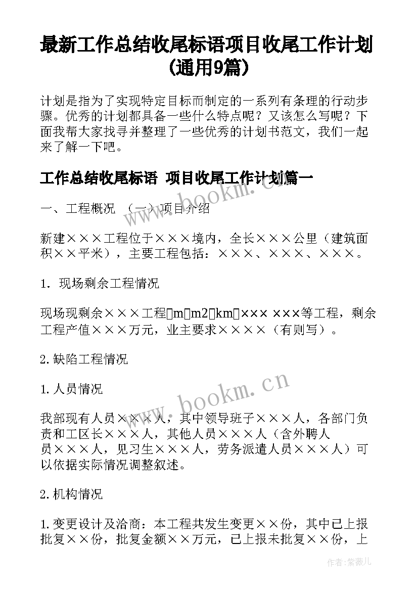 最新工作总结收尾标语 项目收尾工作计划(通用9篇)