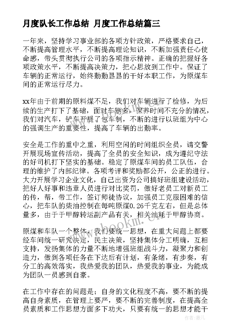 最新月度队长工作总结 月度工作总结(通用7篇)