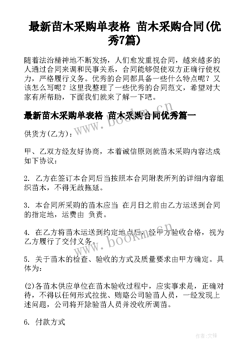 最新苗木采购单表格 苗木采购合同(优秀7篇)