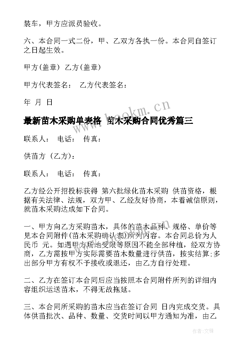 最新苗木采购单表格 苗木采购合同(优秀7篇)