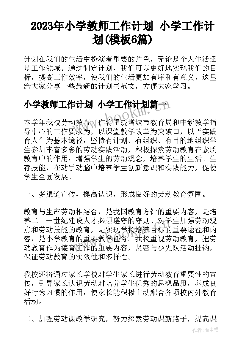 2023年小学教师工作计划 小学工作计划(模板6篇)