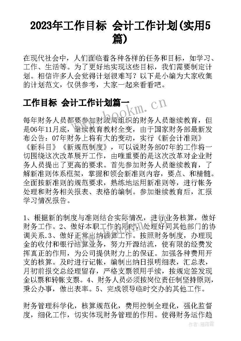 2023年工作目标 会计工作计划(实用5篇)