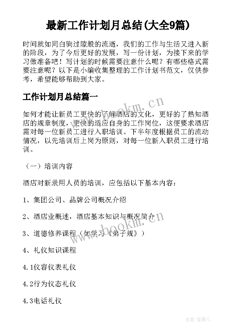 最新工作计划月总结(大全9篇)