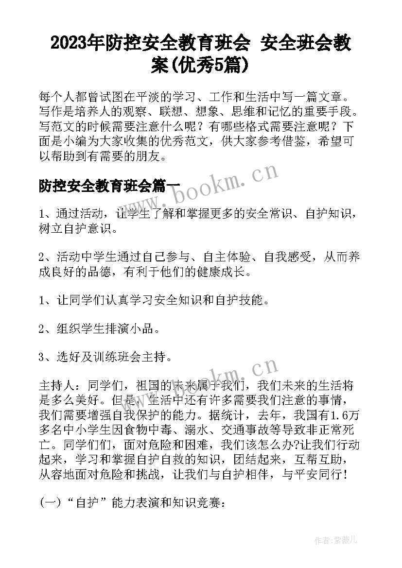 2023年防控安全教育班会 安全班会教案(优秀5篇)