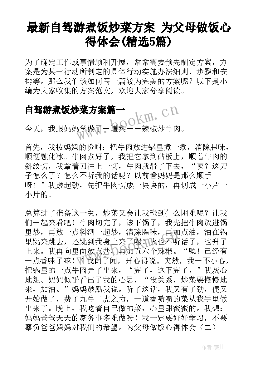 最新自驾游煮饭炒菜方案 为父母做饭心得体会(精选5篇)