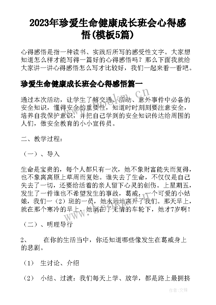 2023年珍爱生命健康成长班会心得感悟(模板5篇)