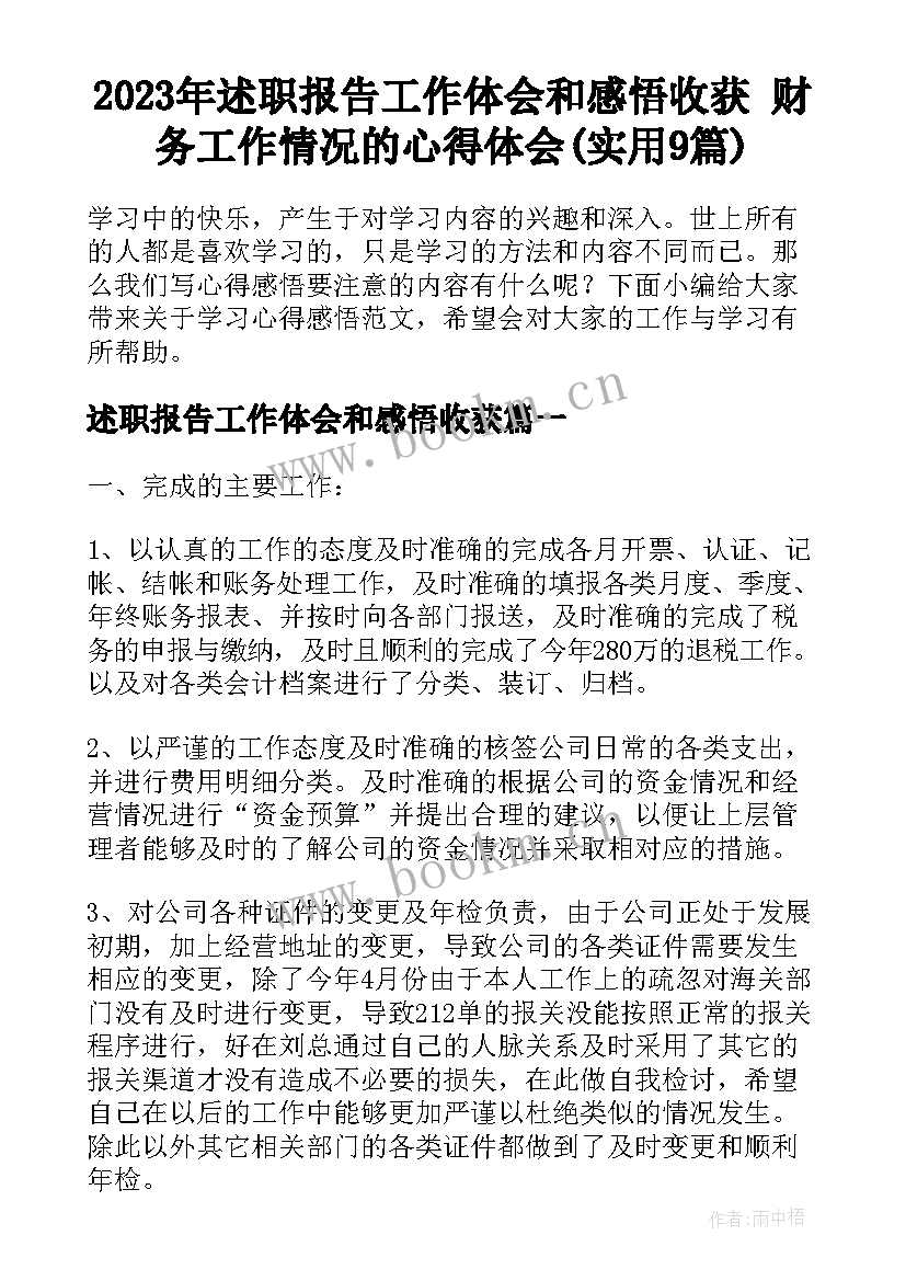 2023年述职报告工作体会和感悟收获 财务工作情况的心得体会(实用9篇)