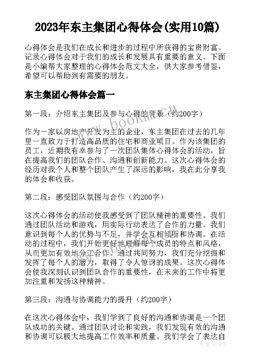 2023年东主集团心得体会(实用10篇)