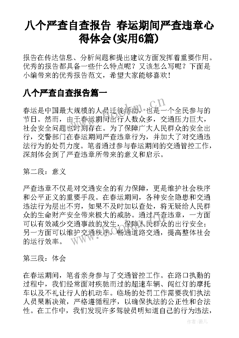 八个严查自查报告 春运期间严查违章心得体会(实用6篇)