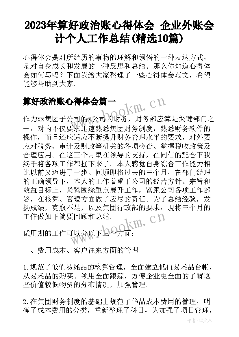 2023年算好政治账心得体会 企业外账会计个人工作总结(精选10篇)