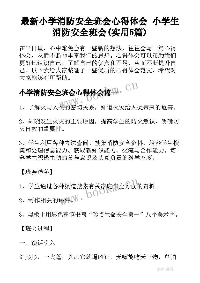 最新小学消防安全班会心得体会 小学生消防安全班会(实用5篇)