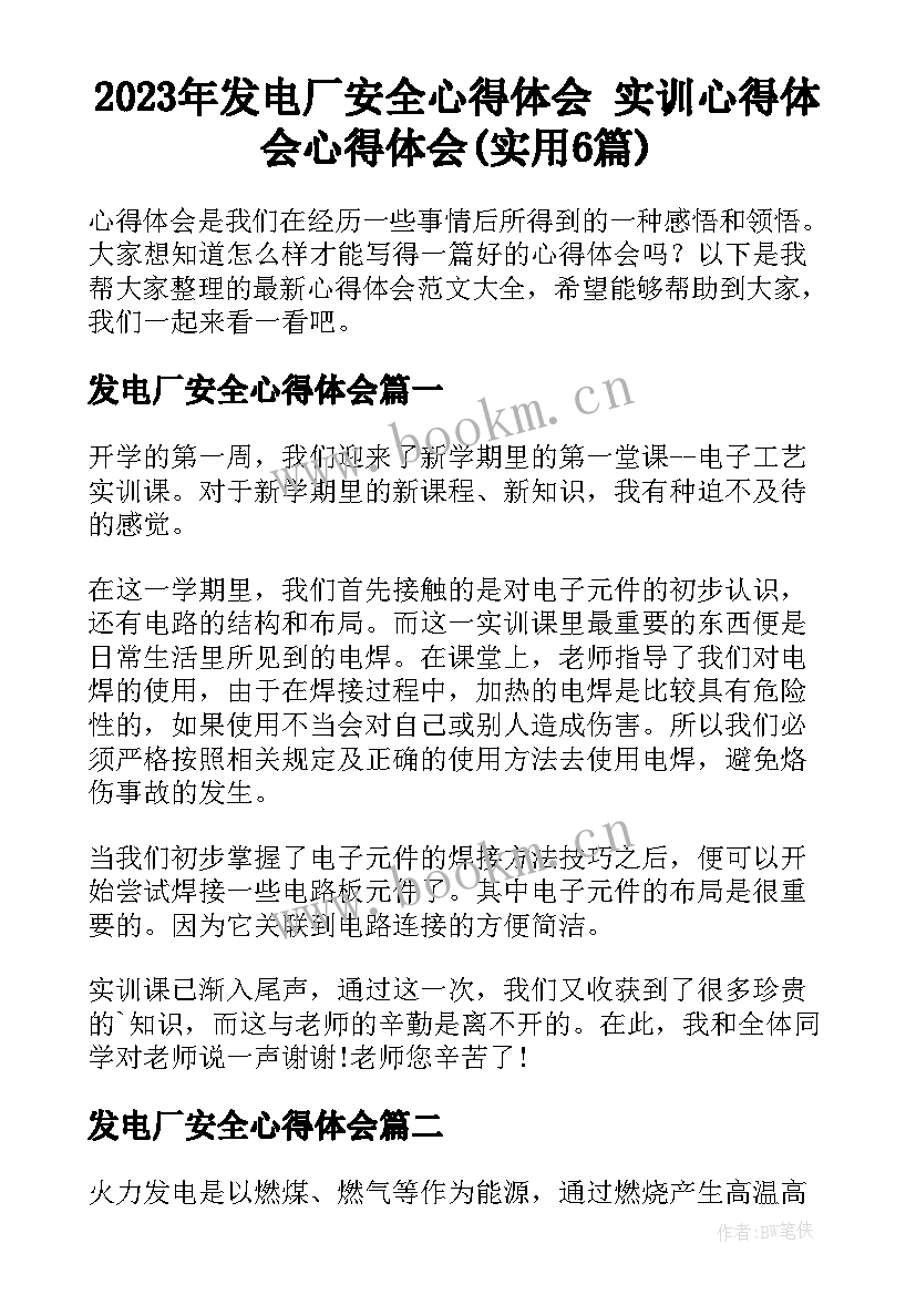 2023年发电厂安全心得体会 实训心得体会心得体会(实用6篇)