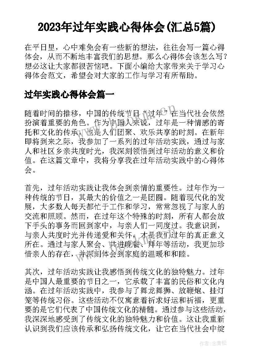 2023年过年实践心得体会(汇总5篇)