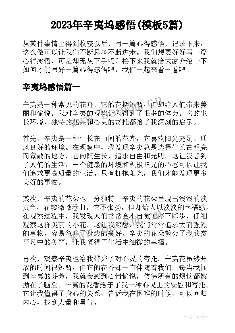 2023年辛夷坞感悟(模板5篇)