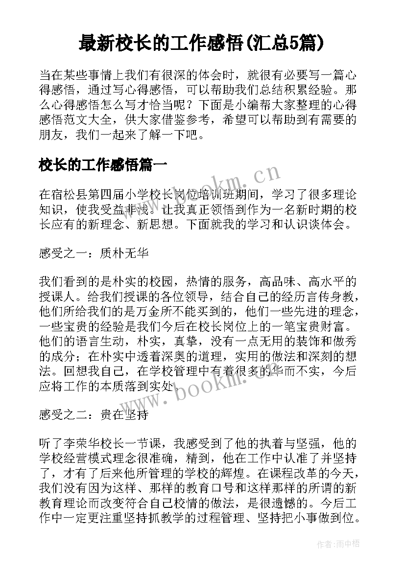 最新校长的工作感悟(汇总5篇)