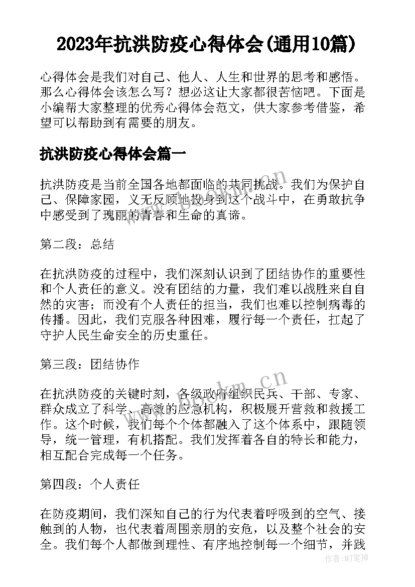 2023年抗洪防疫心得体会(通用10篇)