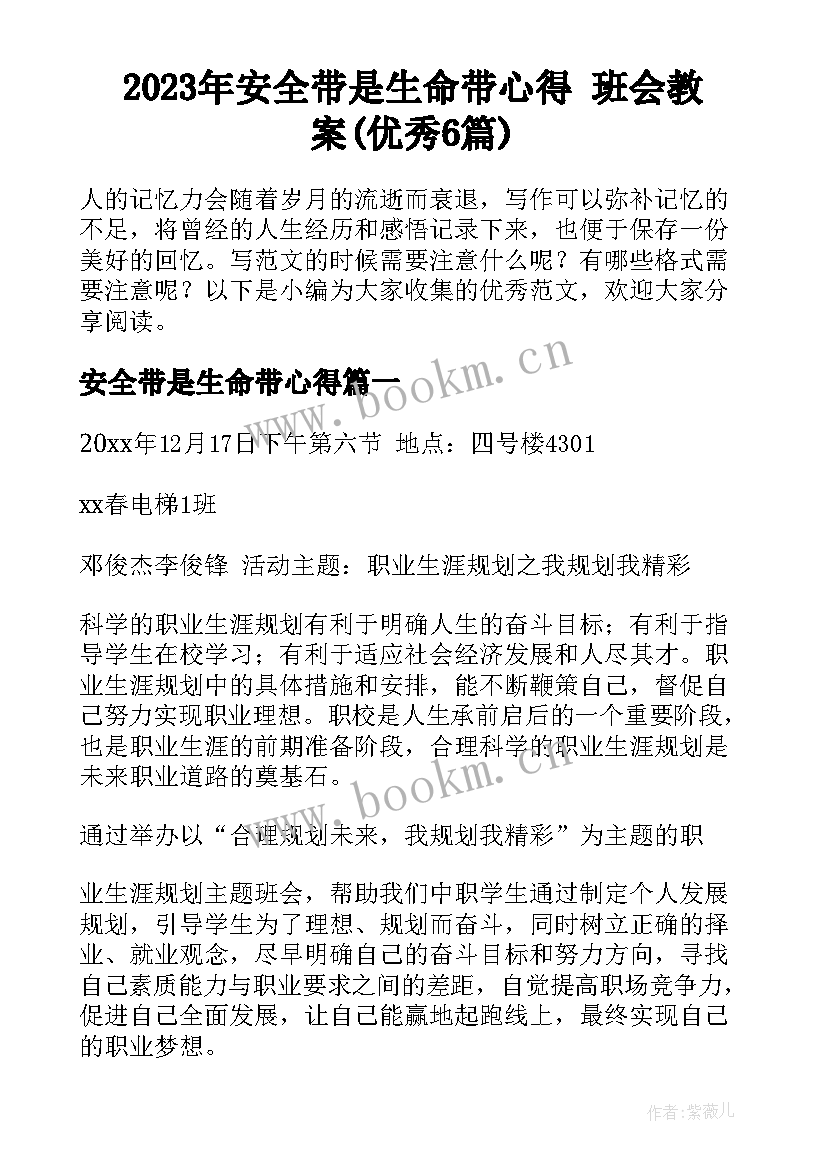 2023年安全带是生命带心得 班会教案(优秀6篇)