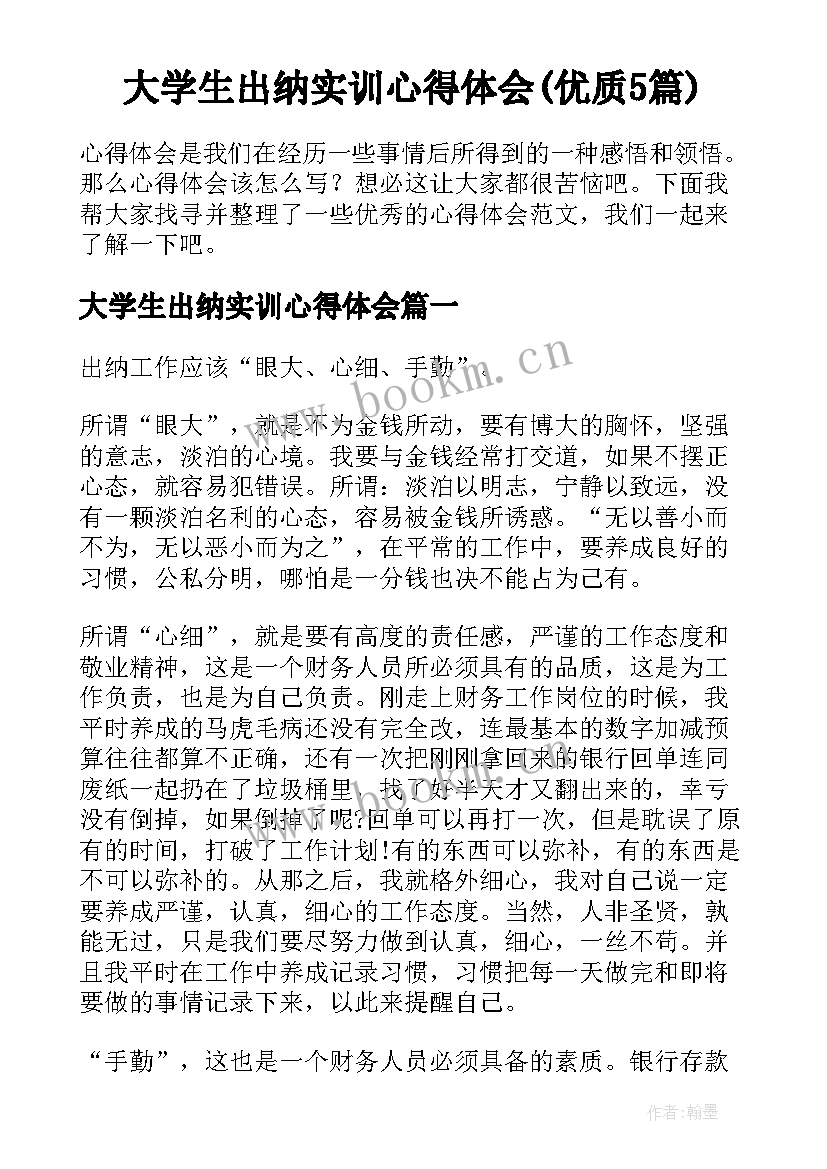 大学生出纳实训心得体会(优质5篇)