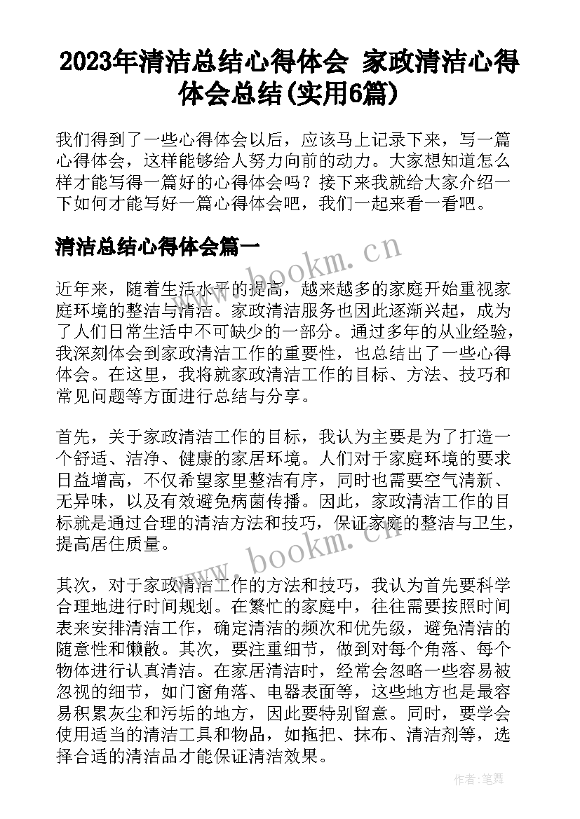 2023年清洁总结心得体会 家政清洁心得体会总结(实用6篇)