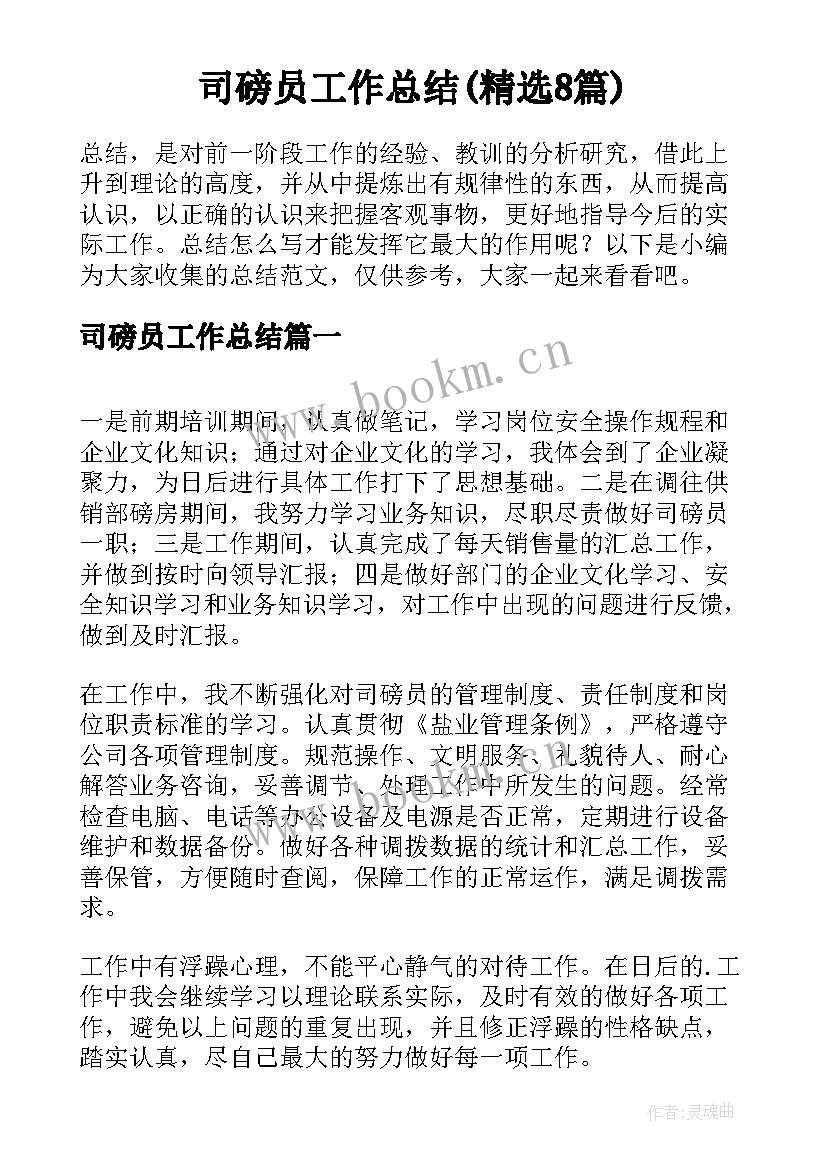 司磅员工作总结(精选8篇)