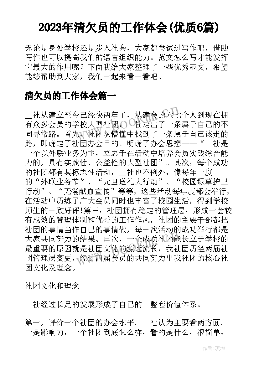 2023年清欠员的工作体会(优质6篇)