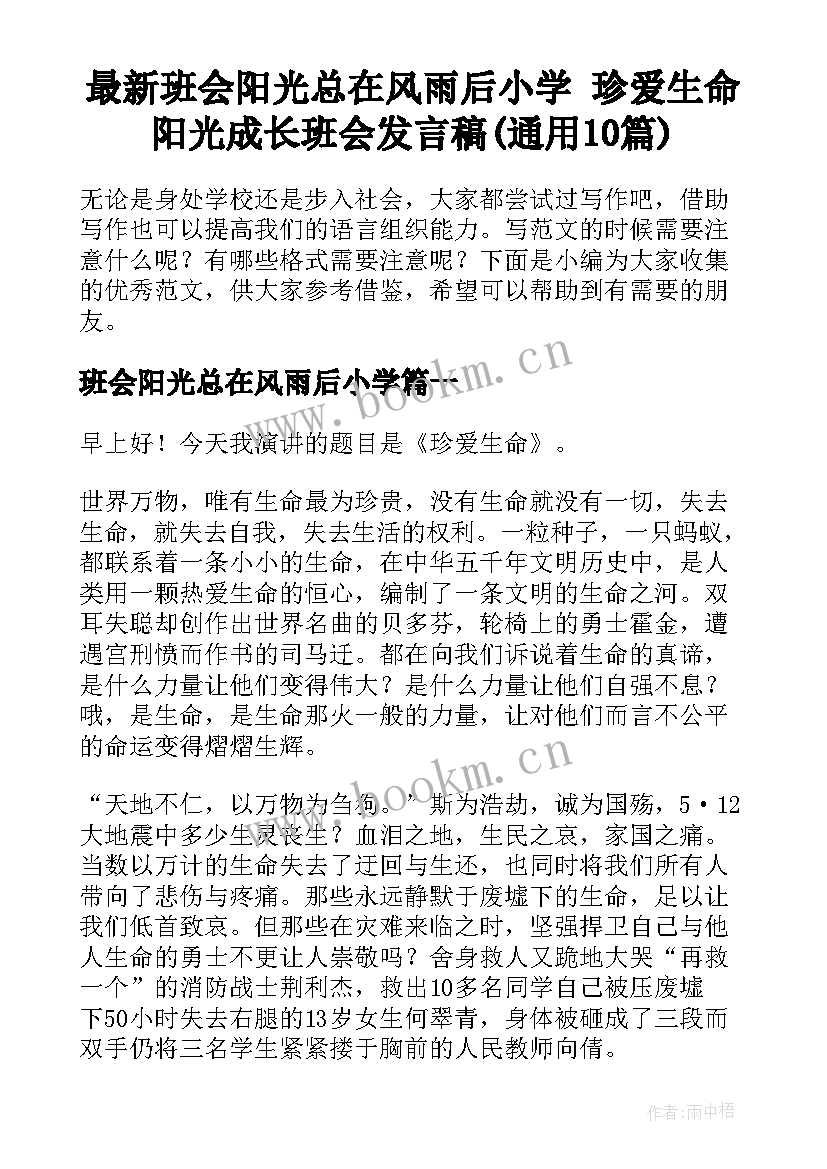 最新班会阳光总在风雨后小学 珍爱生命阳光成长班会发言稿(通用10篇)