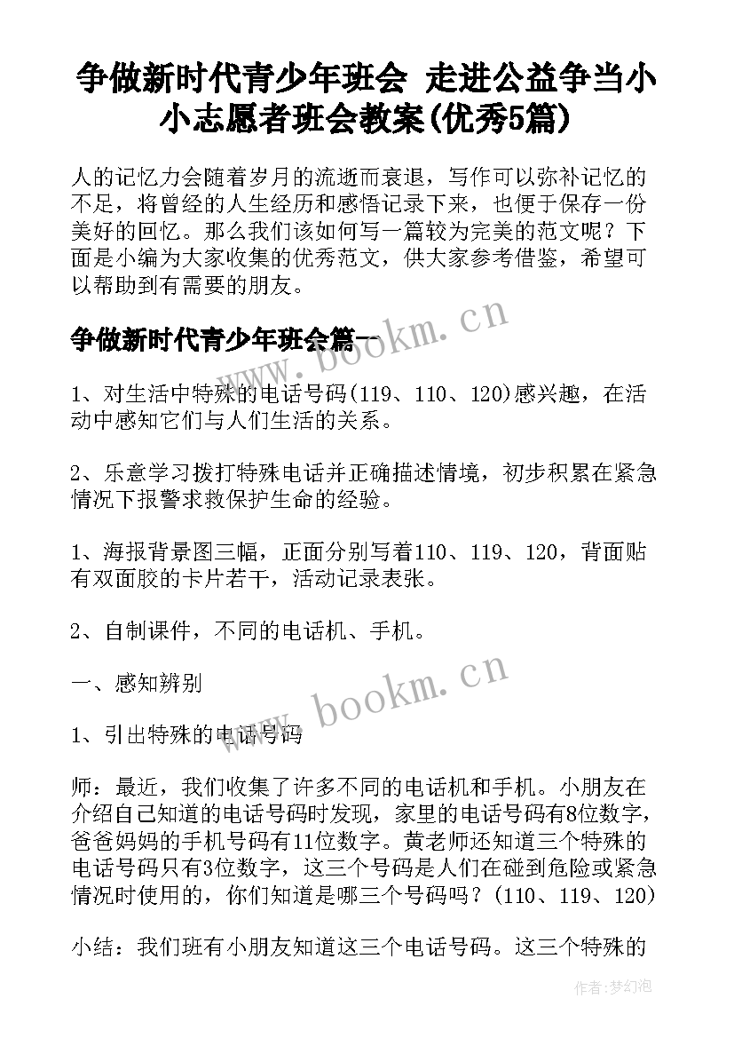 争做新时代青少年班会 走进公益争当小小志愿者班会教案(优秀5篇)