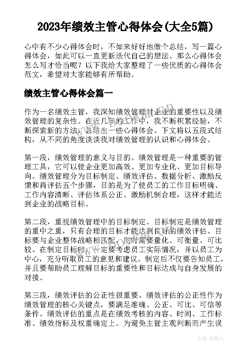 2023年绩效主管心得体会(大全5篇)