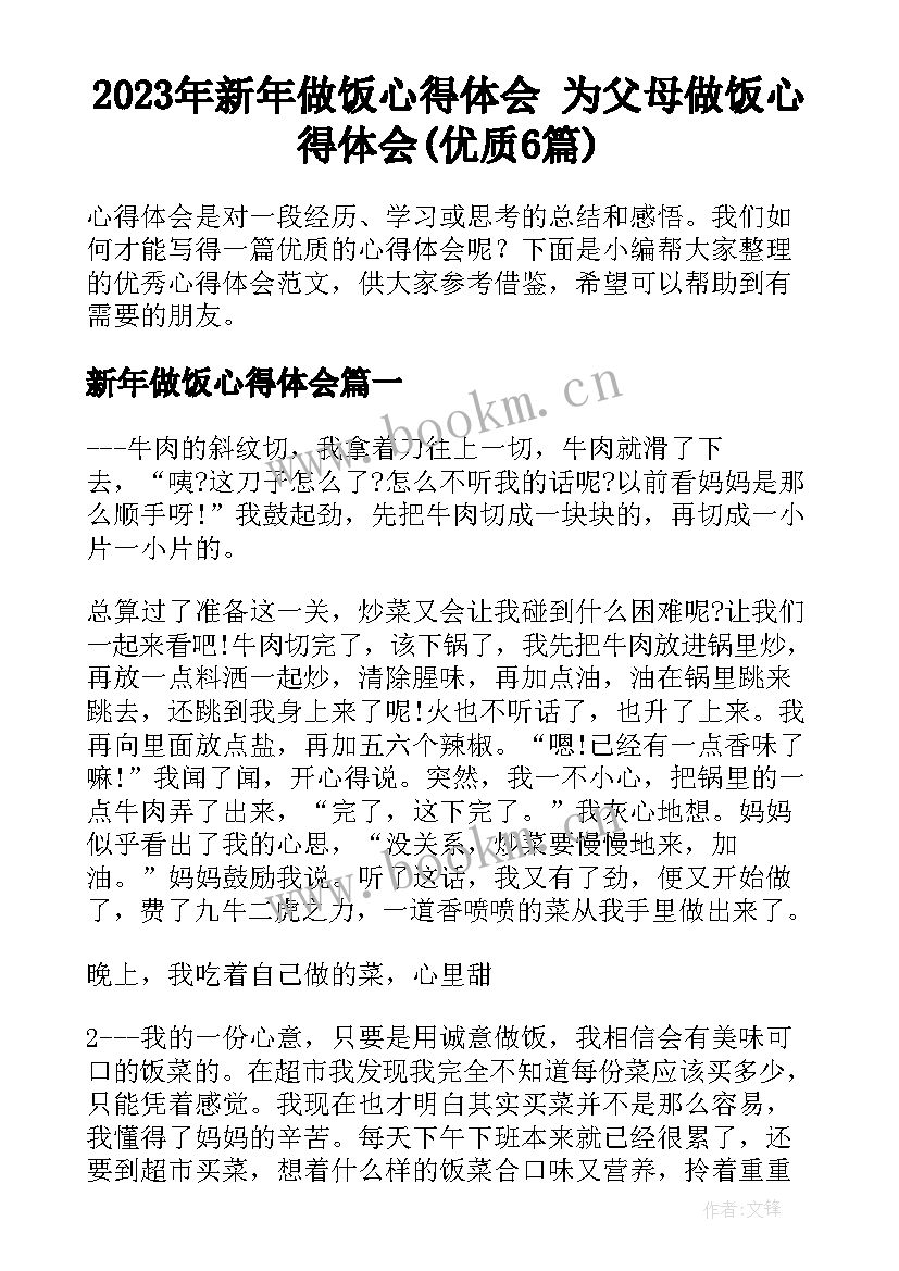 2023年新年做饭心得体会 为父母做饭心得体会(优质6篇)