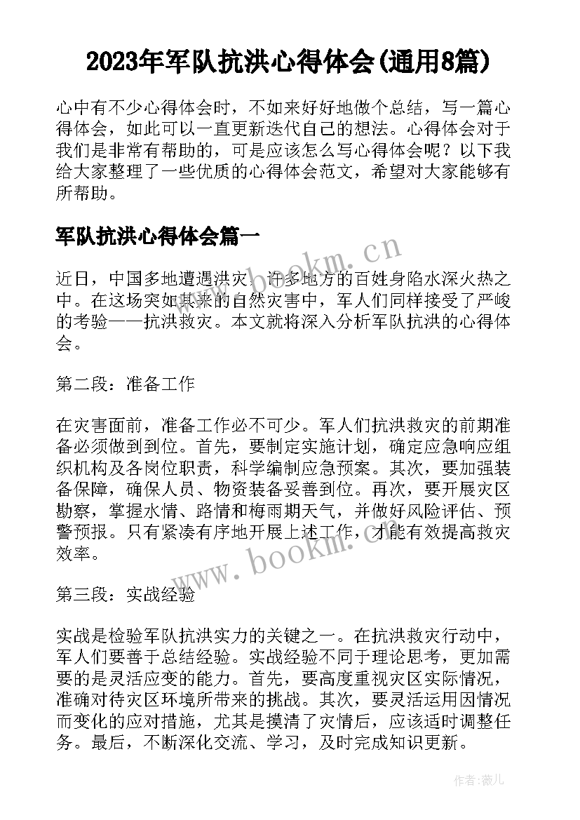 2023年军队抗洪心得体会(通用8篇)