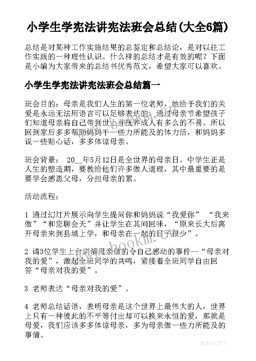 小学生学宪法讲宪法班会总结(大全6篇)