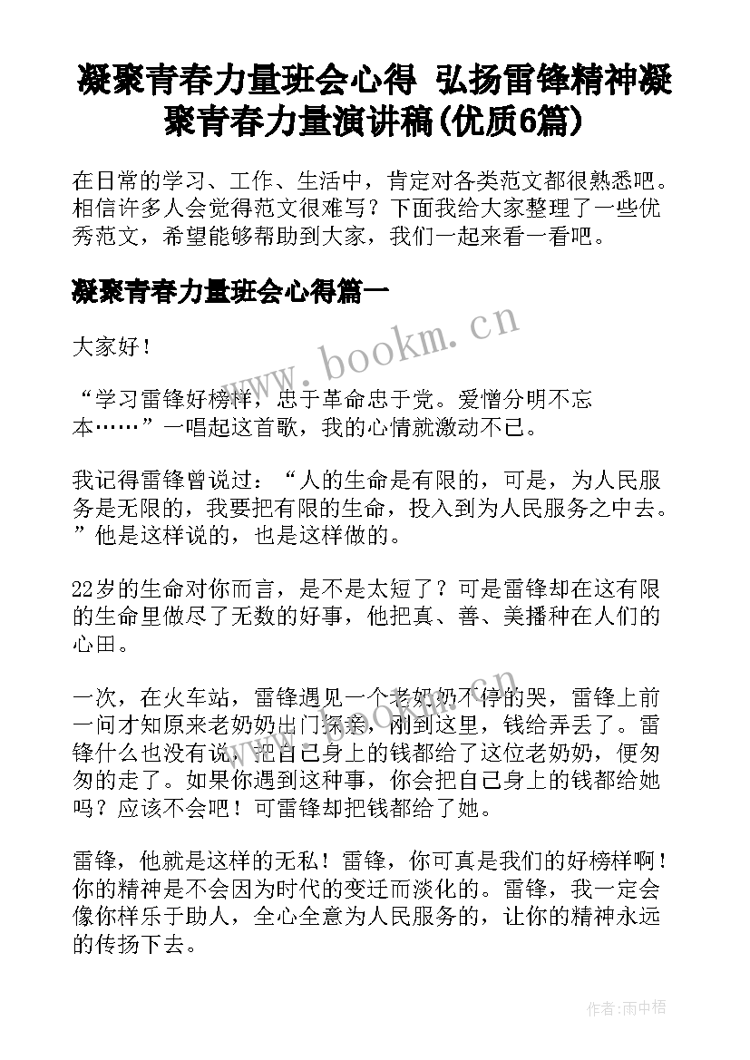 凝聚青春力量班会心得 弘扬雷锋精神凝聚青春力量演讲稿(优质6篇)