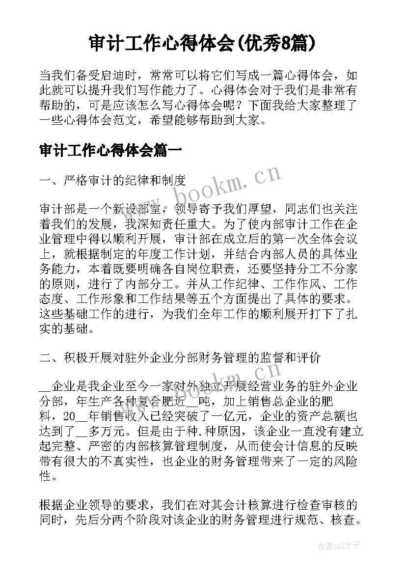 审计工作心得体会(优秀8篇)