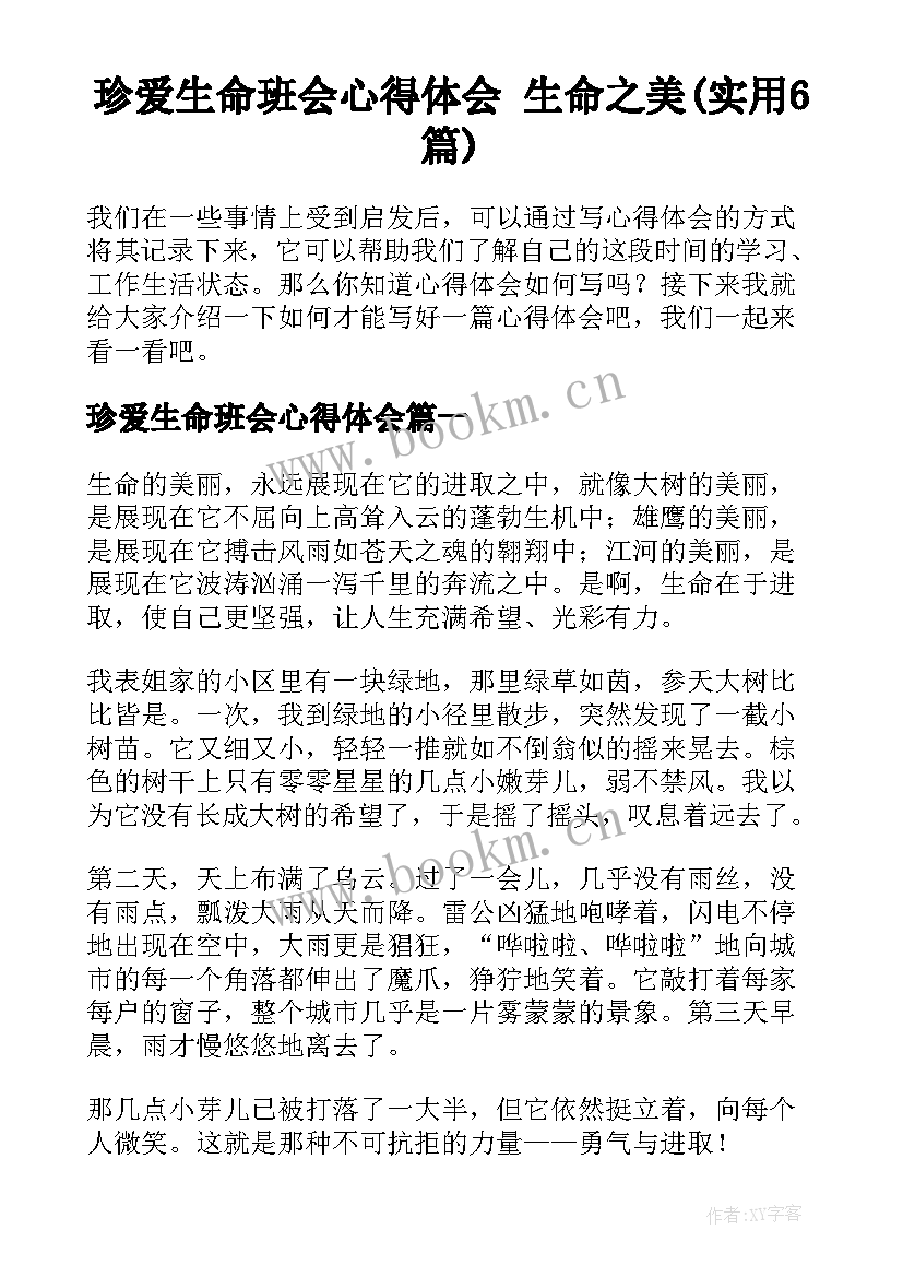 珍爱生命班会心得体会 生命之美(实用6篇)