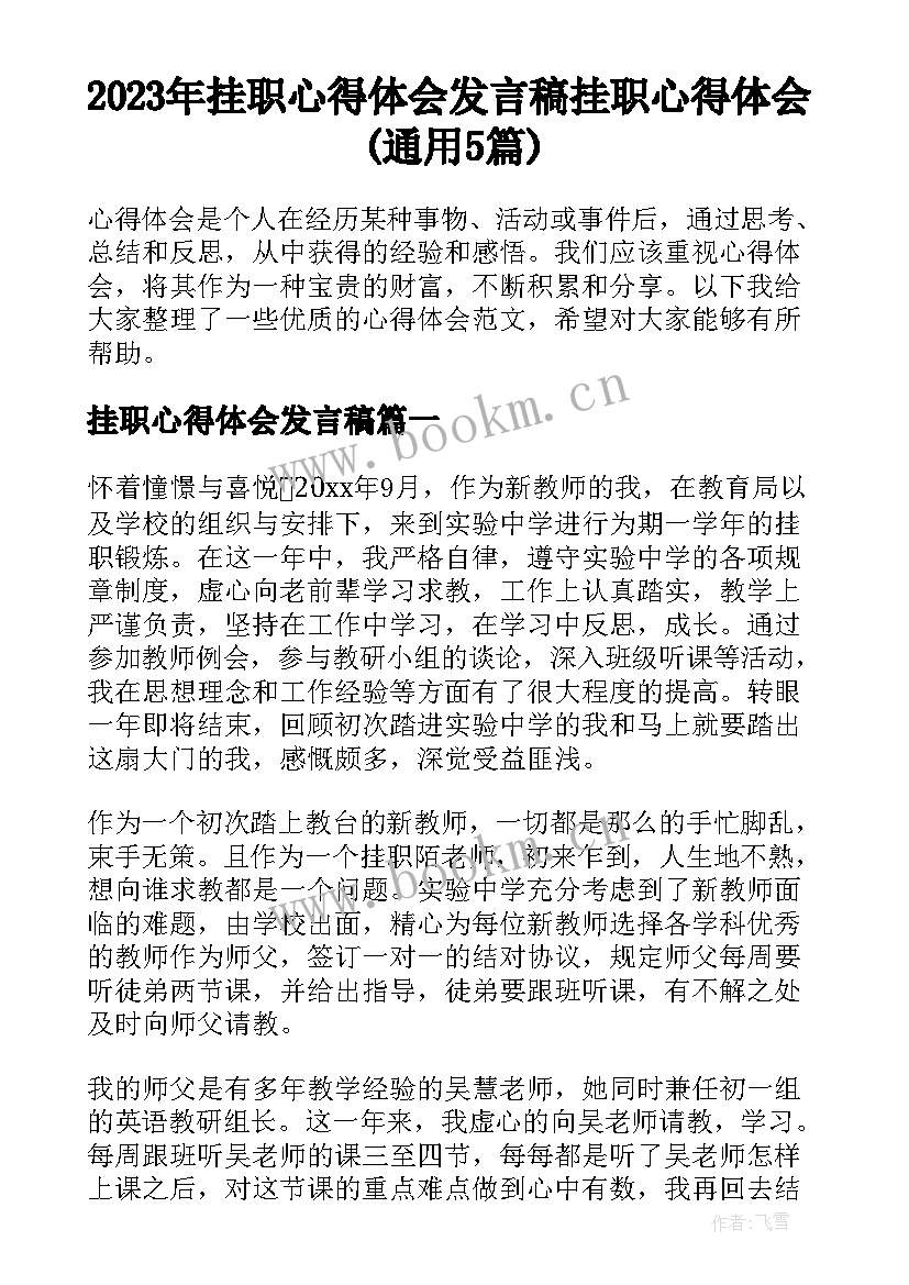 2023年挂职心得体会发言稿 挂职心得体会(通用5篇)