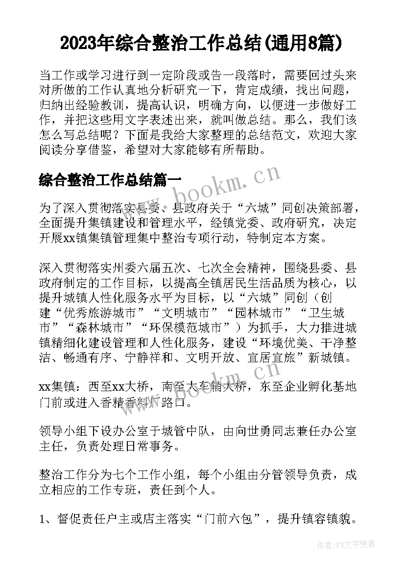 2023年综合整治工作总结(通用8篇)