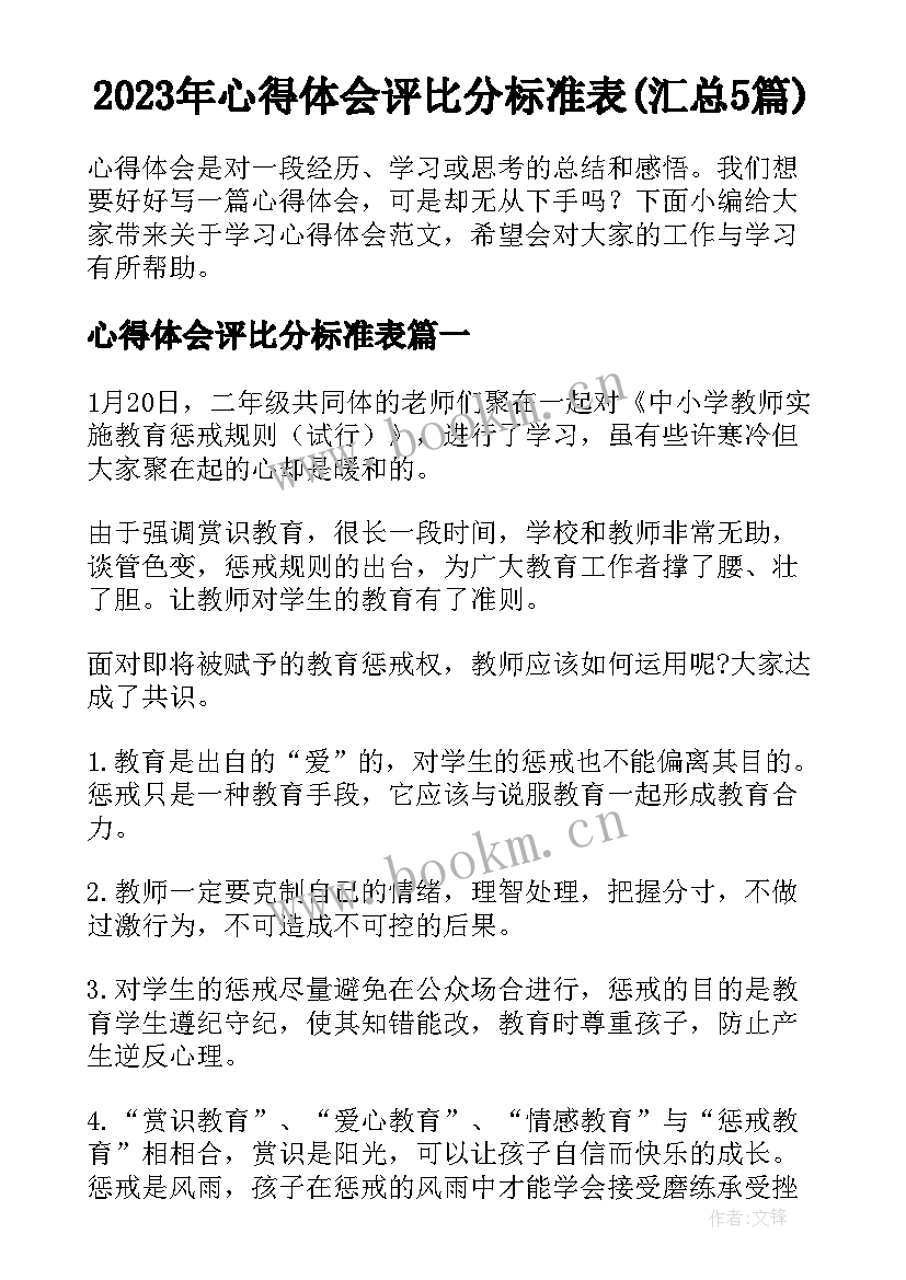 2023年心得体会评比分标准表(汇总5篇)