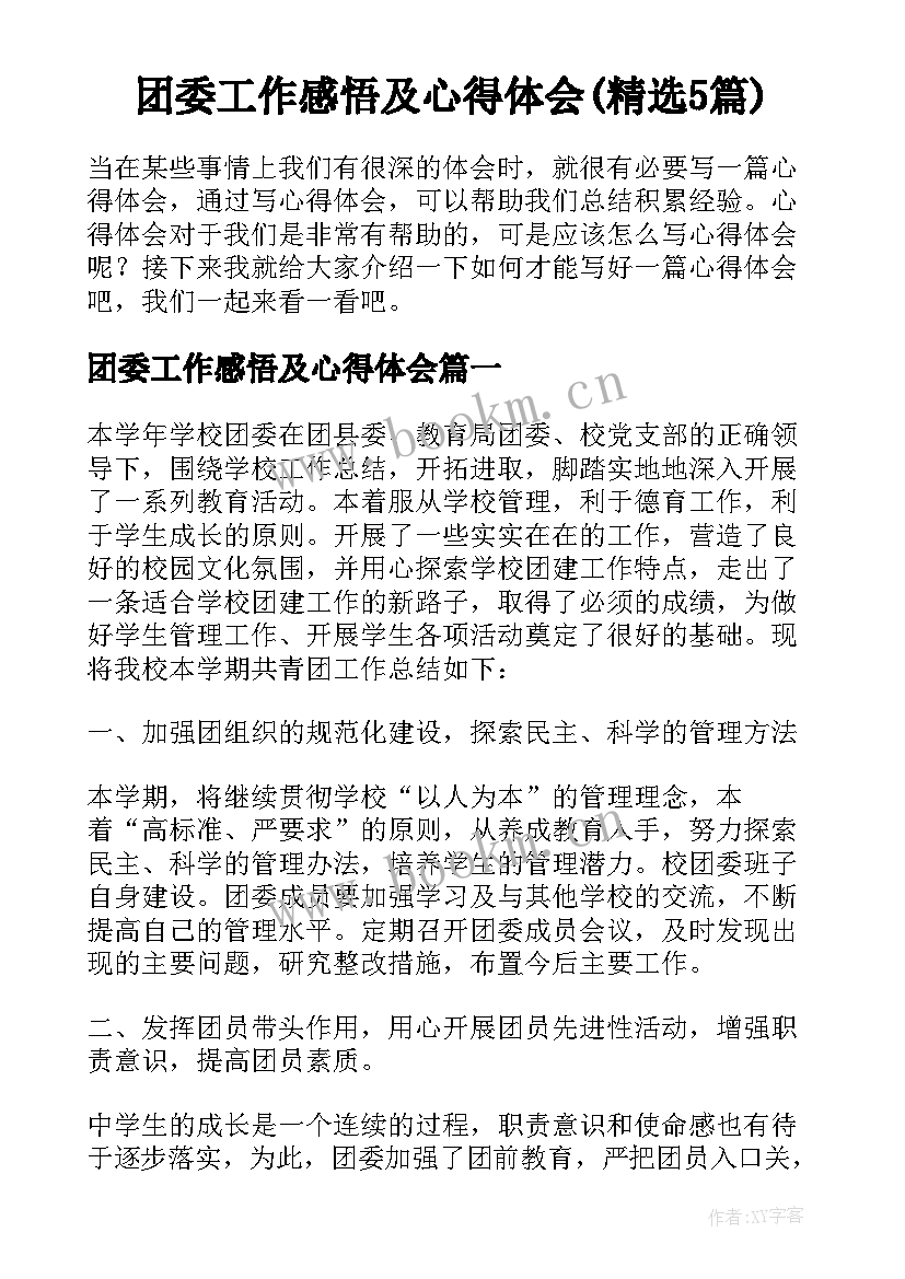 团委工作感悟及心得体会(精选5篇)