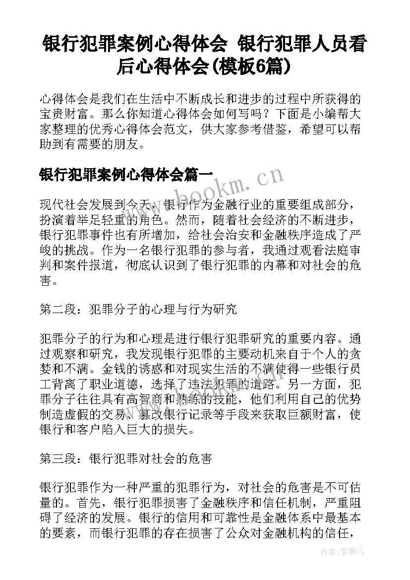 银行犯罪案例心得体会 银行犯罪人员看后心得体会(模板6篇)