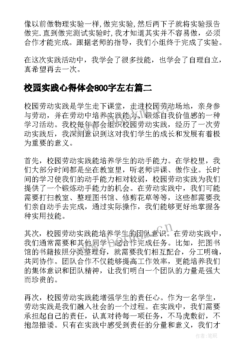 2023年校园实践心得体会800字左右 实践的心得体会(大全10篇)