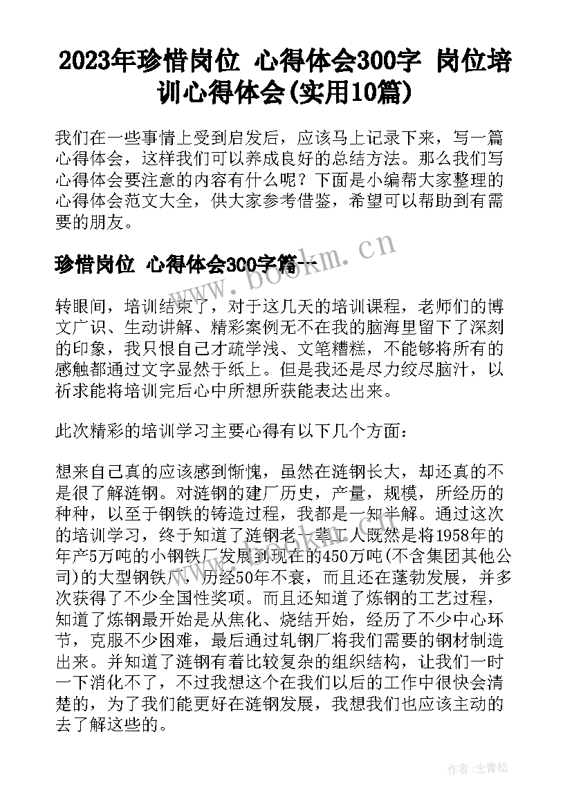 2023年珍惜岗位 心得体会300字 岗位培训心得体会(实用10篇)