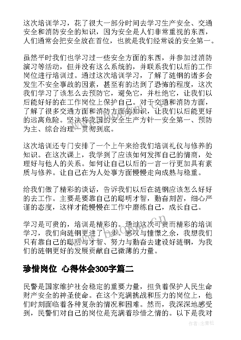 2023年珍惜岗位 心得体会300字 岗位培训心得体会(实用10篇)