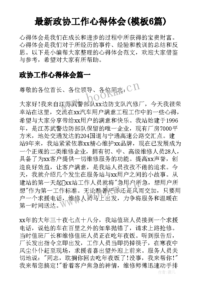 最新政协工作心得体会(模板6篇)