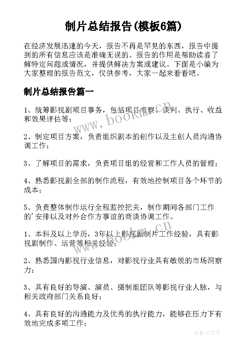 制片总结报告(模板6篇)